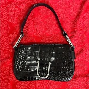 Vince Camuto Croc Embossed Shoulder Bag Black Leather Silver Hardware Handbag